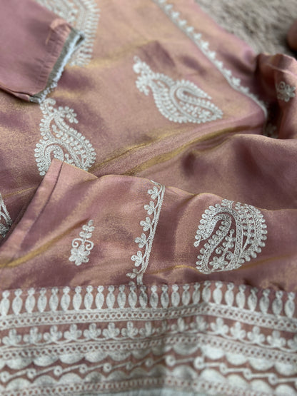 Golden Elegance – Shimmer Silk Ready to Wear Suit with Intricate Embroidery & Lace Detailing