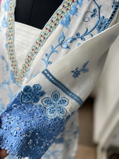 Timeless White – Embroidered Mal Chanderi with Lace Detailing