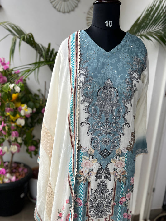 Karachi Charm – Maslin Printed Ready to Wear Suit with Lace Detailed Dupatta