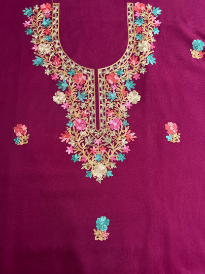 Wine Plum Timeless Kashmiri Unstitched Salwar Suit with Chiffon Dupatta