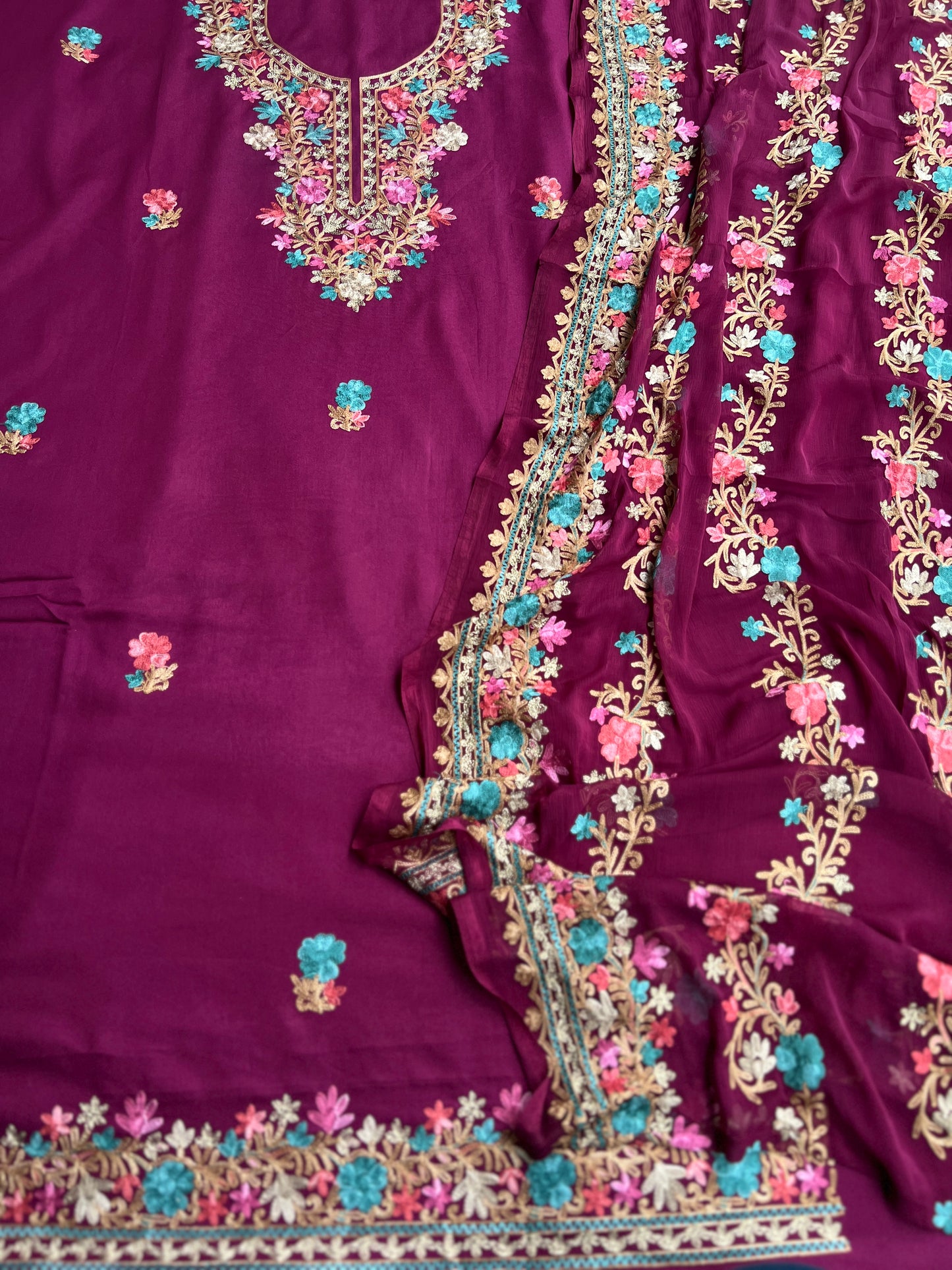 Wine Plum Timeless Kashmiri Unstitched Salwar Suit with Chiffon Dupatta