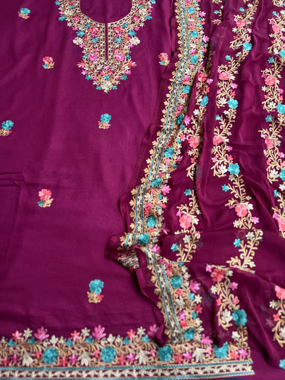 Wine Plum Timeless Kashmiri Unstitched Salwar Suit with Chiffon Dupatta