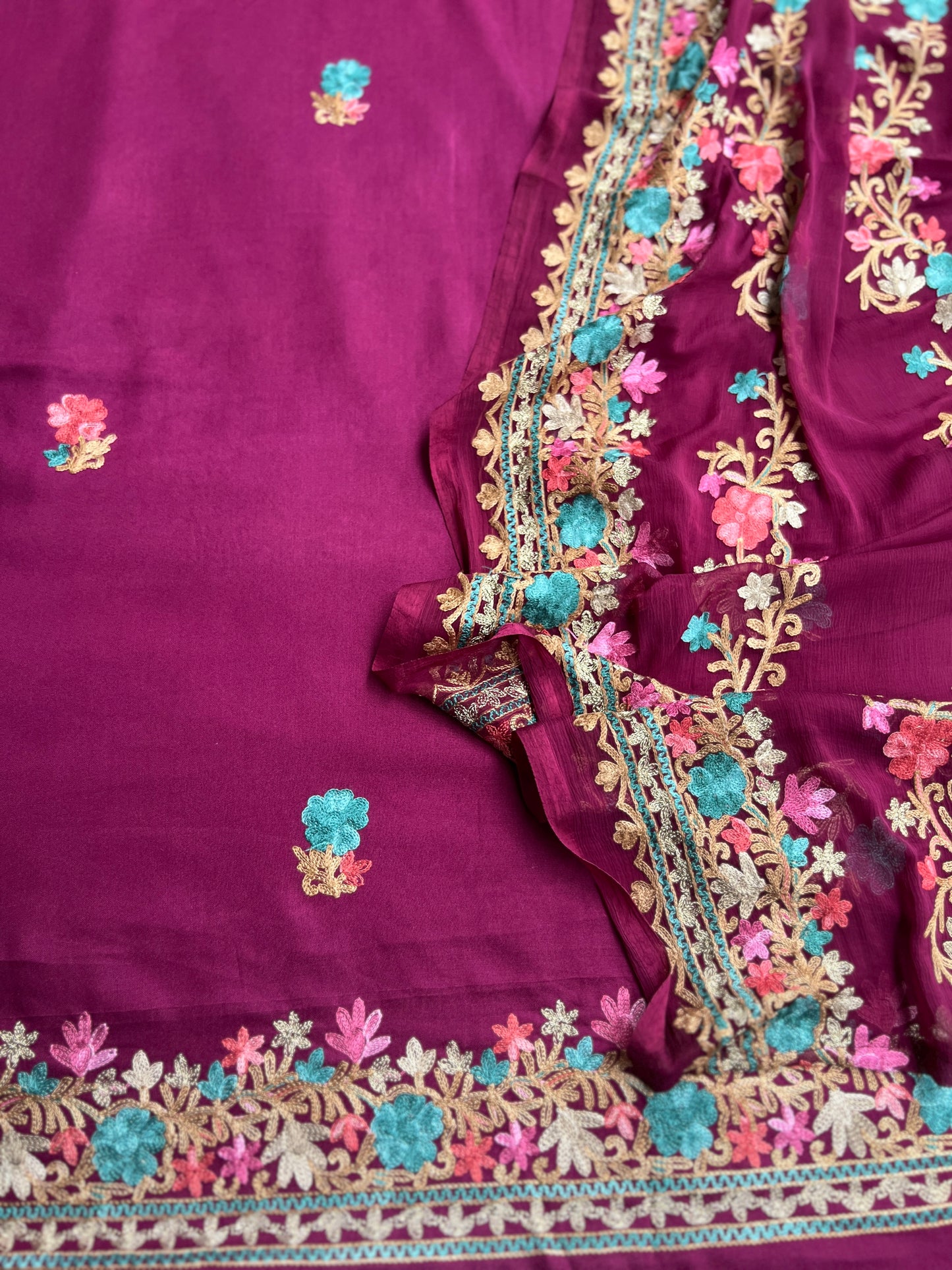 Wine Plum Timeless Kashmiri Unstitched Salwar Suit with Chiffon Dupatta