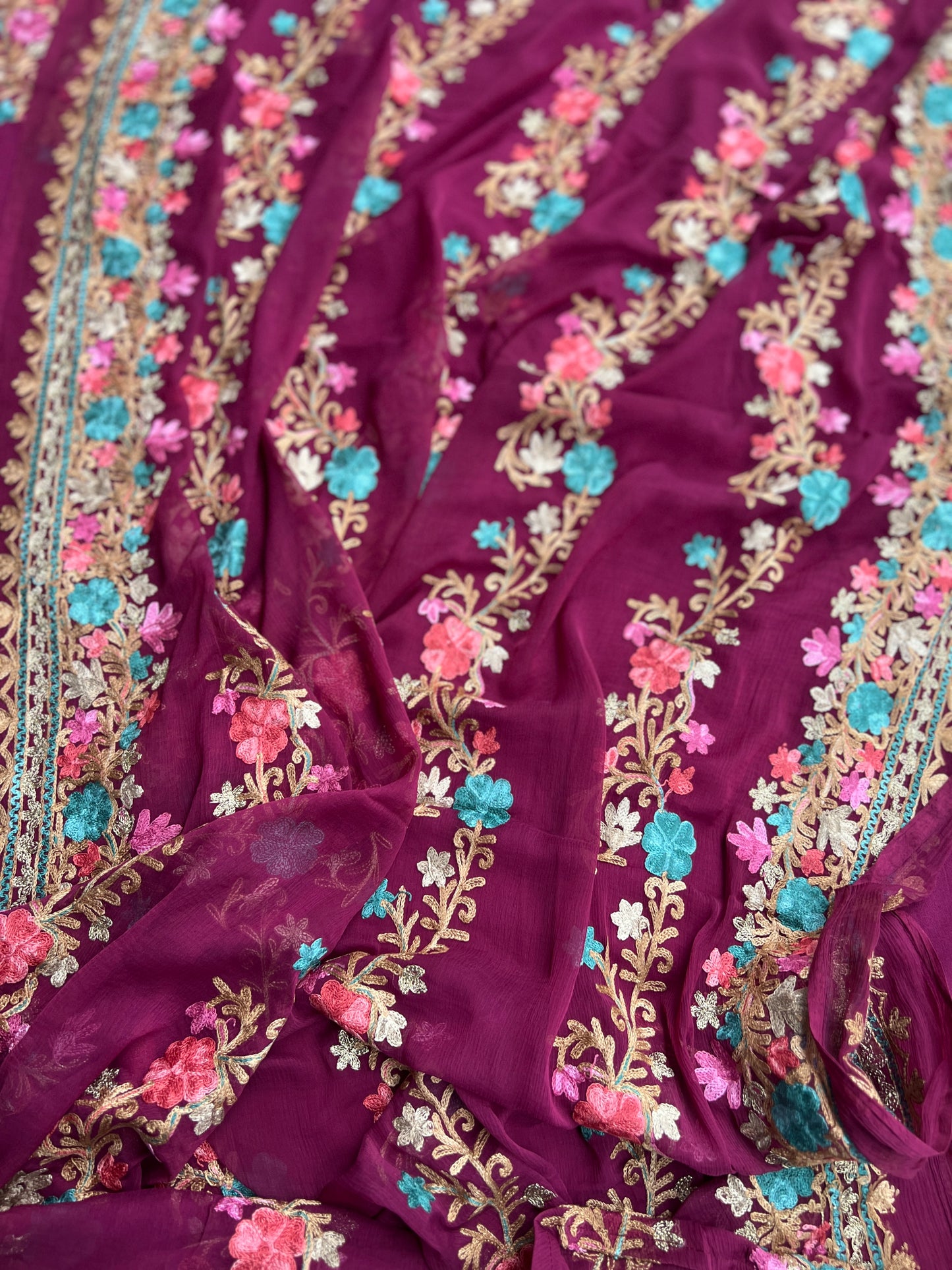 Wine Plum Timeless Kashmiri Unstitched Salwar Suit with Chiffon Dupatta