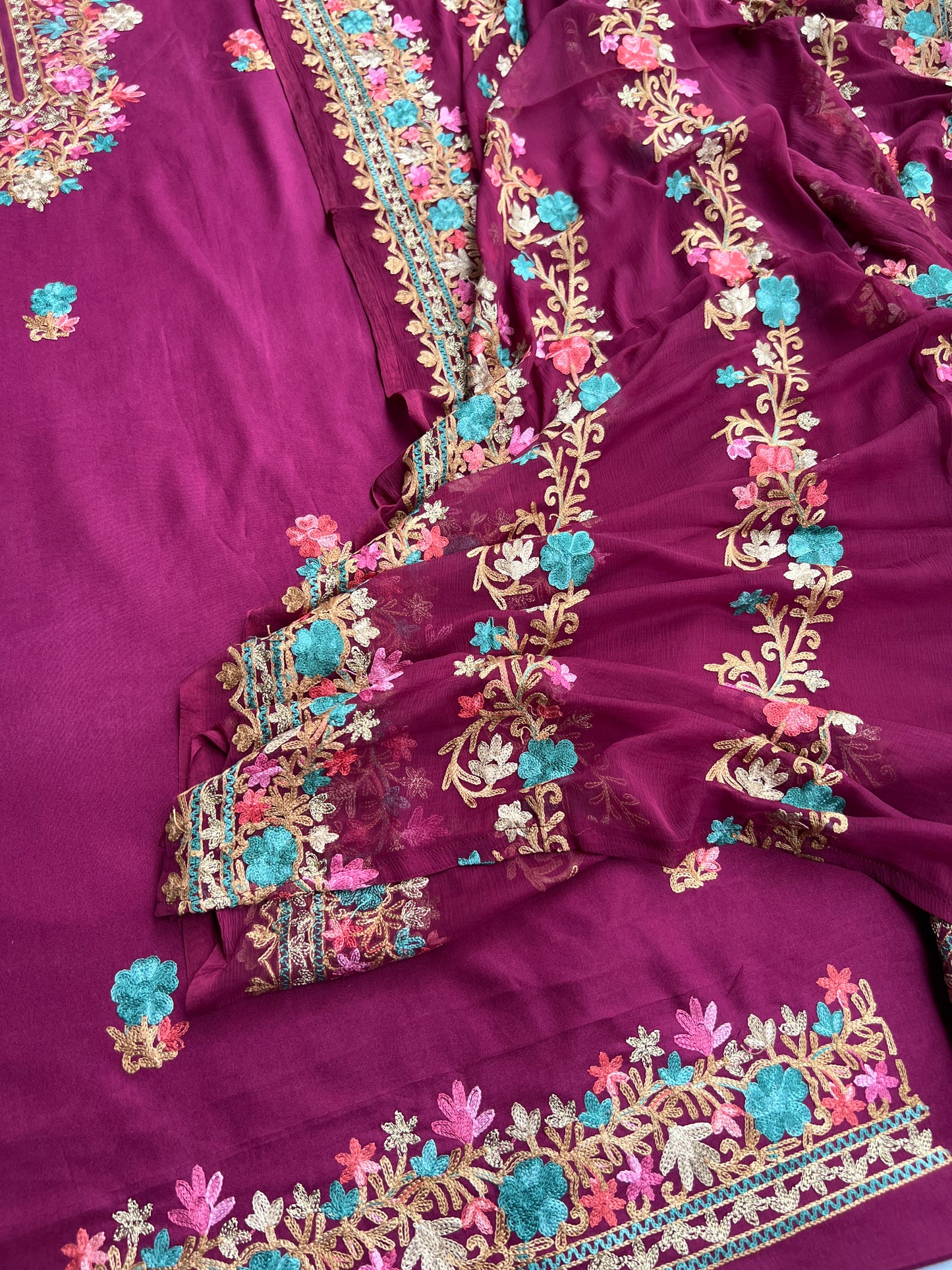 Wine Plum Timeless Kashmiri Unstitched Salwar Suit with Chiffon Dupatta