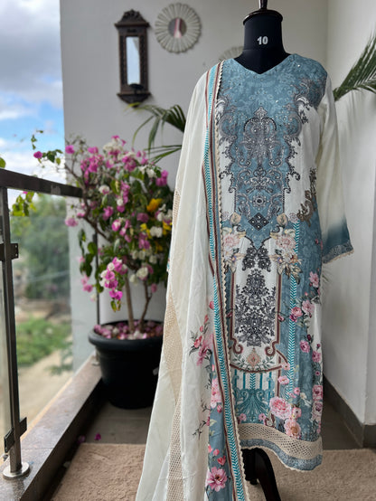 Karachi Charm – Maslin Printed Ready to Wear Suit with Lace Detailed Dupatta