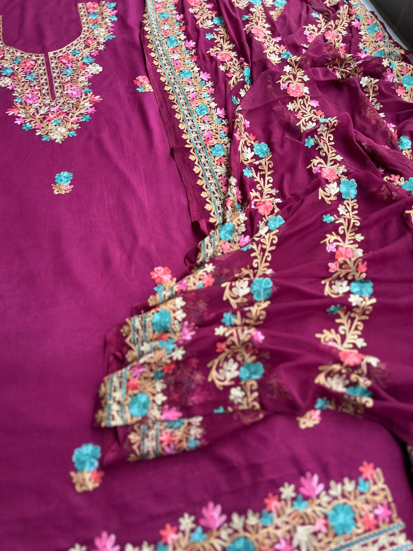 Wine Plum Timeless Kashmiri Unstitched Salwar Suit with Chiffon Dupatta