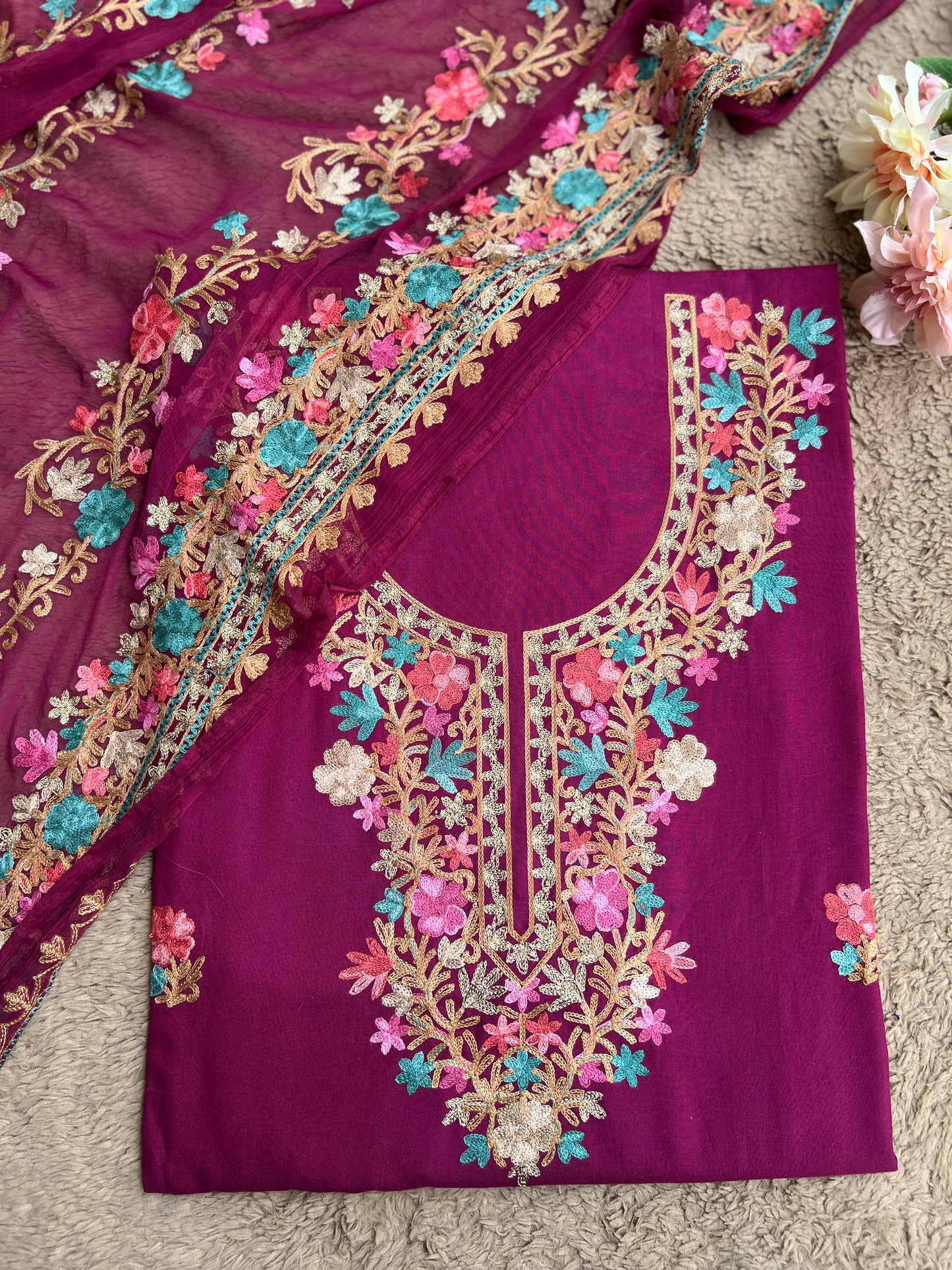 Wine Plum Timeless Kashmiri Unstitched Salwar Suit with Chiffon Dupatta