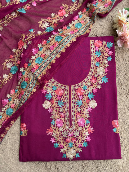 Wine Plum Timeless Kashmiri Unstitched Salwar Suit with Chiffon Dupatta