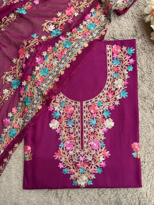 Wine Plum Timeless Kashmiri Unstitched Salwar Suit with Chiffon Dupatta