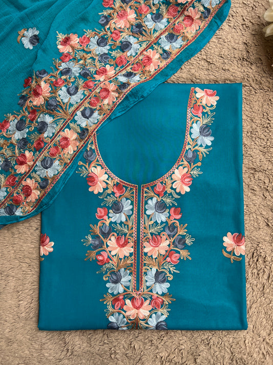 Teal Blue Timeless Kashmiri Unstitched Salwar Suit with Chiffon Dupatta