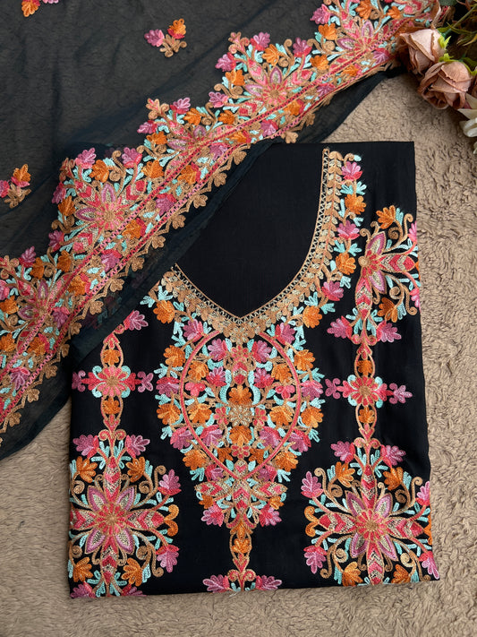 Royal Black Unstitched Dress Material Adorned with Multi-Thread Kashmiri Embroidery