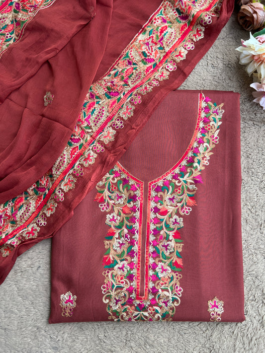 Rust Maroon Timeless Kashmiri Unstitched Salwar Suit with Chiffon Dupatta