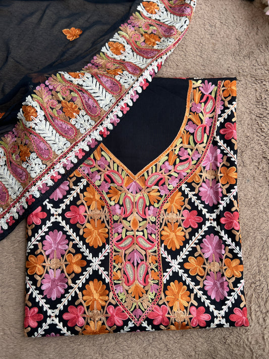 Black Timeless Kashmiri Unstitched Salwar Suit with Chiffon Dupatta