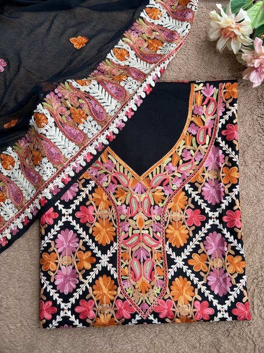 Black Timeless Kashmiri Unstitched Salwar Suit with Chiffon Dupatta