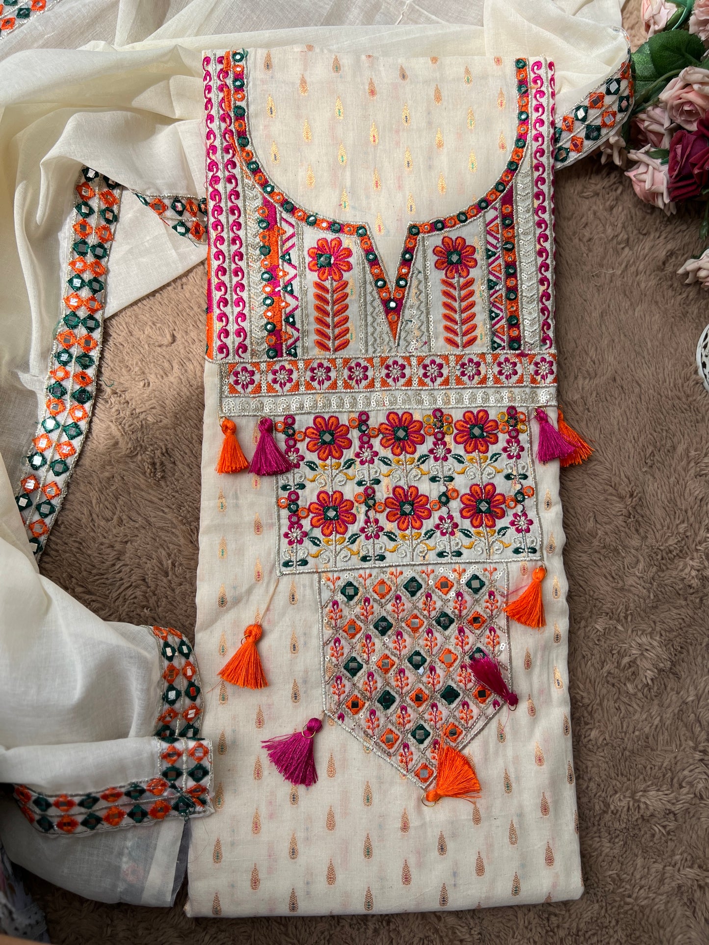 Mirror & Thread Embroidered  Cotton suit set