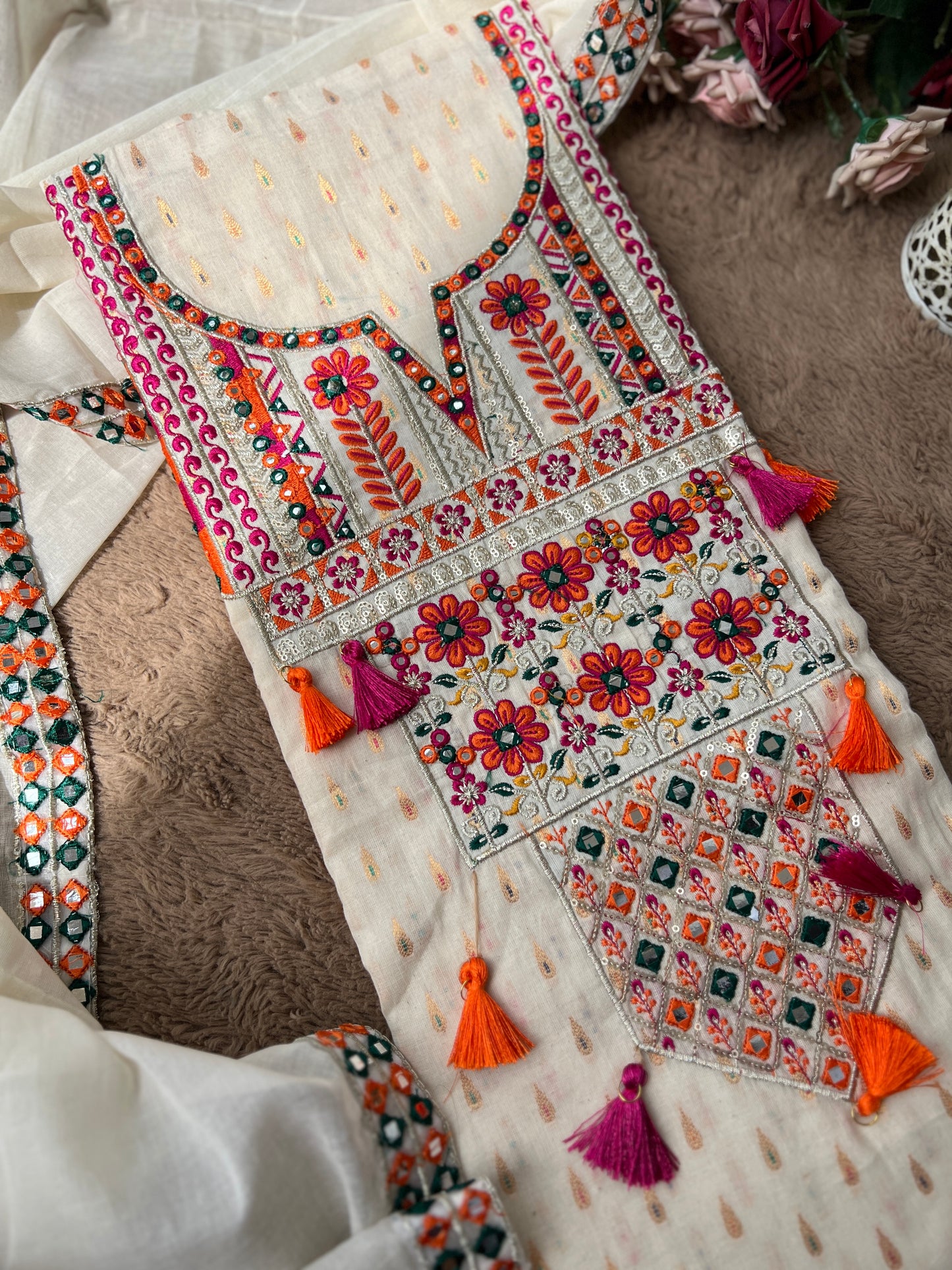 Mirror & Thread Embroidered  Cotton suit set