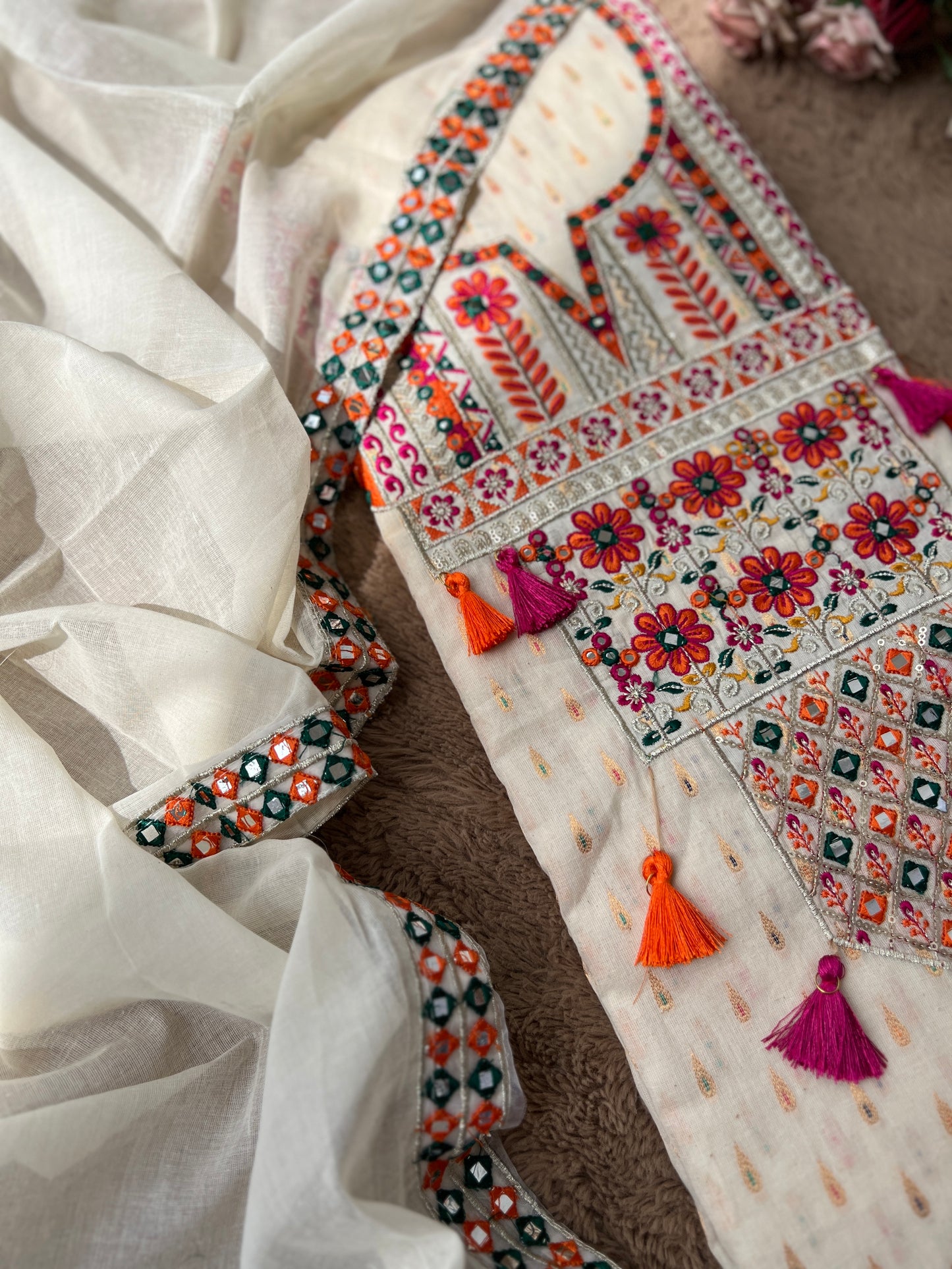 Mirror & Thread Embroidered  Cotton suit set