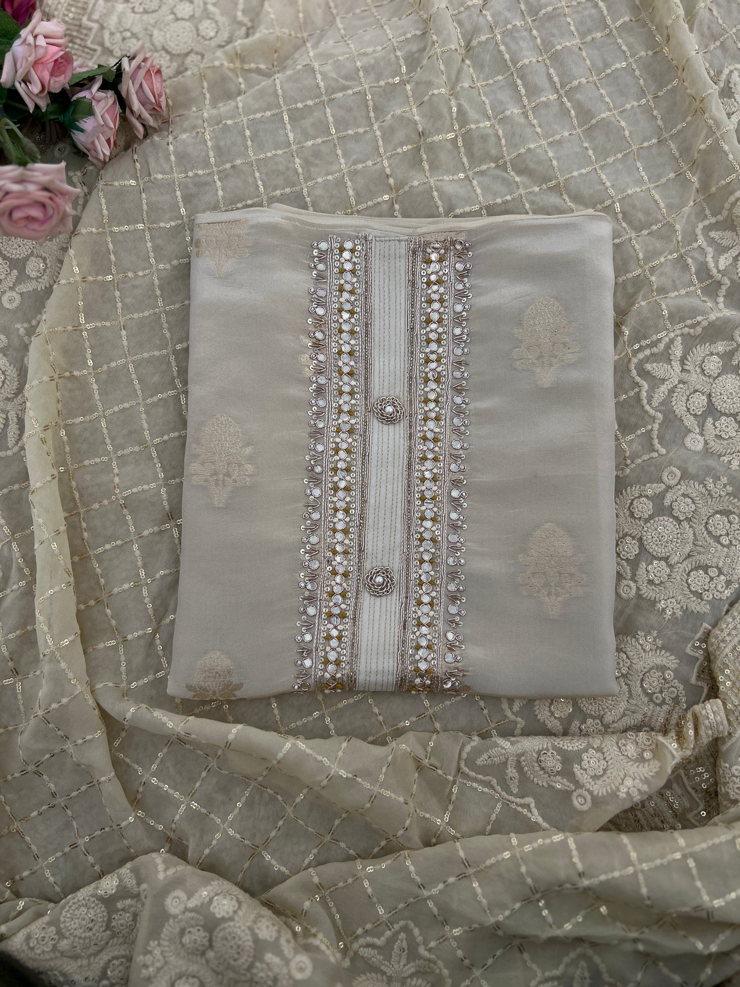 Ivory Silk Handwork  With Chikankari Dupatta