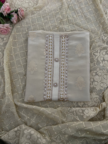 Ivory Silk Handwork  With Chikankari Dupatta
