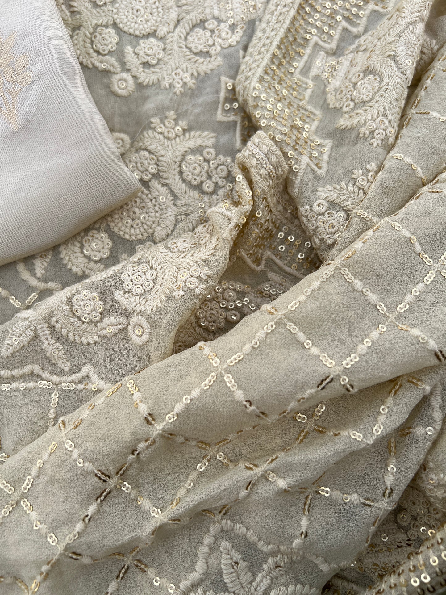 Ivory Silk Handwork  With Chikankari Dupatta