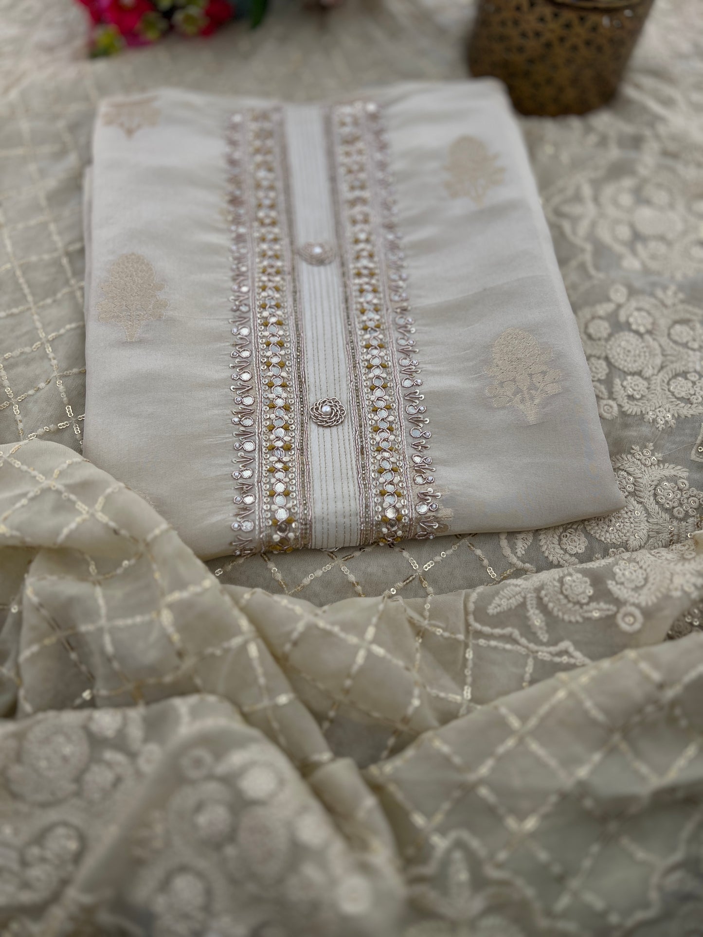 Ivory Silk Handwork  With Chikankari Dupatta