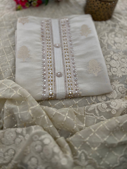 Ivory Silk Handwork  With Chikankari Dupatta