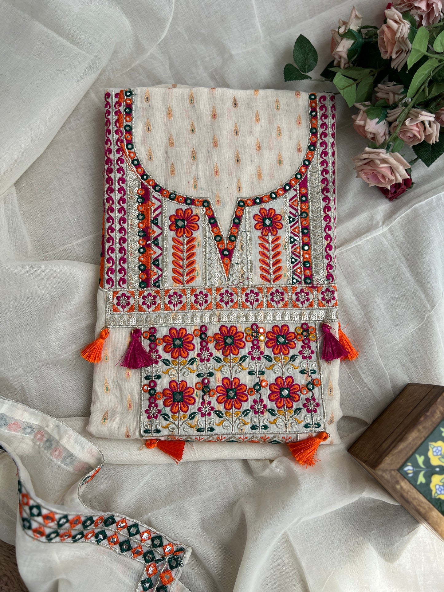 Mirror & Thread Embroidered  Cotton suit set