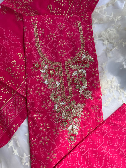Gulabi Glamour: Pure Cotton Hand-Embroidered Suit Set