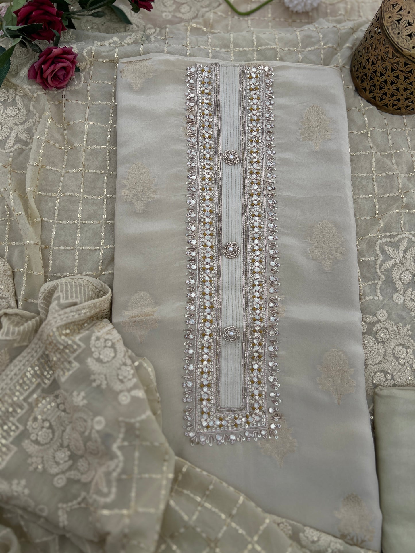 Ivory Silk Handwork  With Chikankari Dupatta