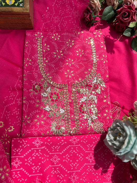 Gulabi Glamour: Pure Cotton Hand-Embroidered Suit Set
