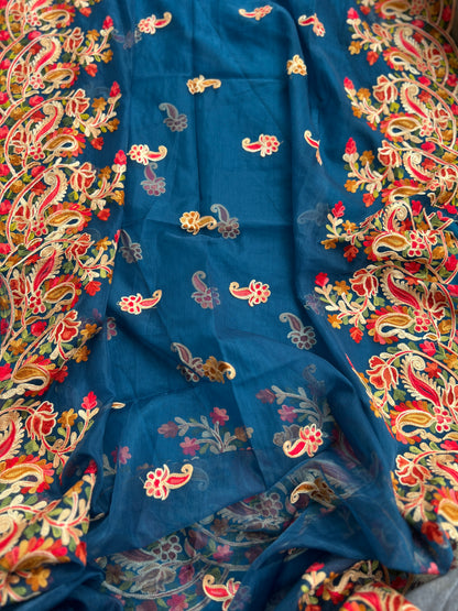 Cobalt Blue Modal Cotton Kashmiri Suit Set with Organza  Dupatta