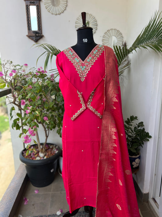 Dark Pink Dola Silk Suit with Handwork & Banarasi Dupatta