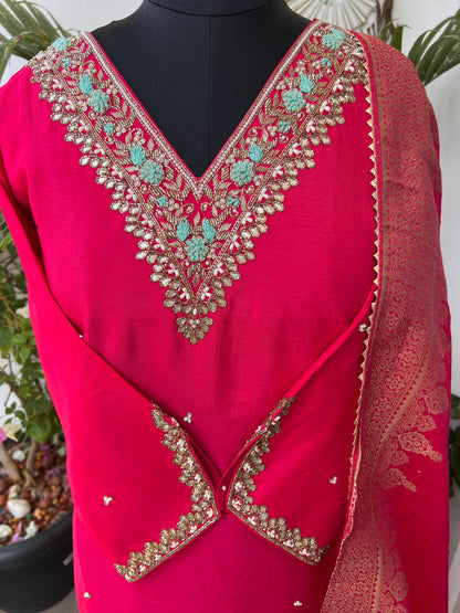 Dark Pink Dola Silk Suit with Handwork & Banarasi Dupatta