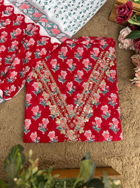 Classic Red Beauty: Zari Neckline on Floral Cotton