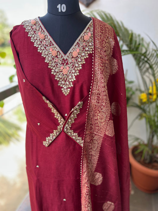 Maroon Dola Silk Suit with Handwork & Banarasi Dupatta