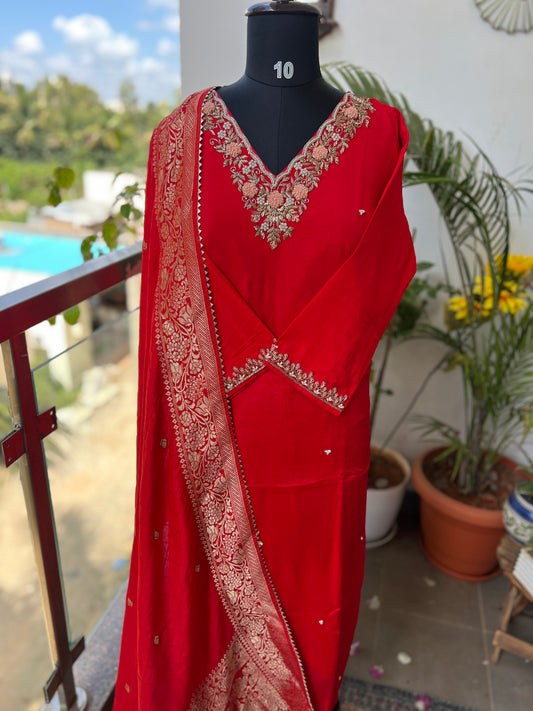 Red Chinnon Suit with Handwork & Silk Banarasi Dupatta