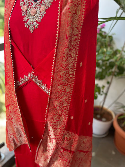 Red Chinnon Suit with Handwork & Silk Banarasi Dupatta