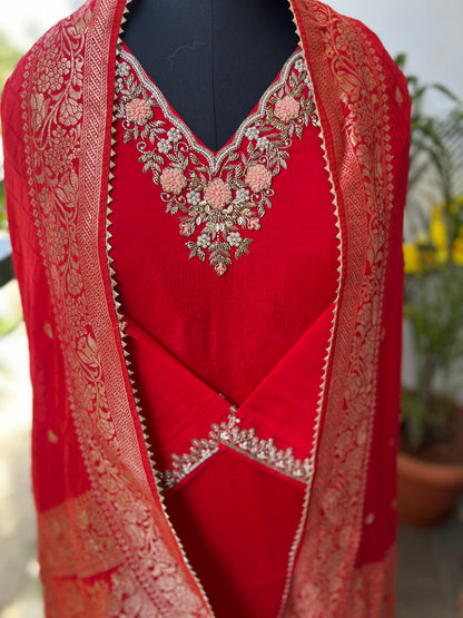 Red Chinnon Suit with Handwork & Silk Banarasi Dupatta