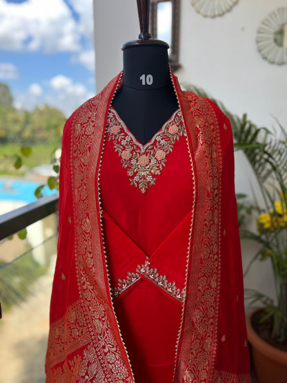 Red Chinnon Suit with Handwork & Silk Banarasi Dupatta