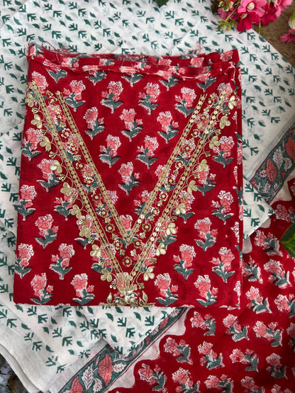 Classic Red Beauty: Zari Neckline on Floral Cotton