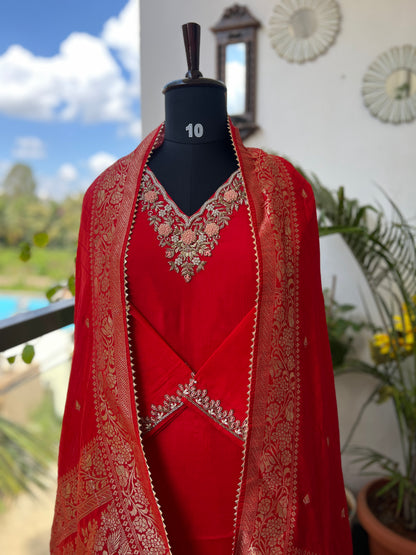 Red Chinnon Suit with Handwork & Silk Banarasi Dupatta