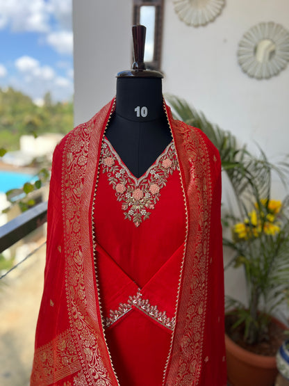 Red Chinnon Suit with Handwork & Silk Banarasi Dupatta