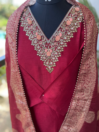 Maroon Dola Silk Suit with Handwork & Tissue Banarasi Dupatta