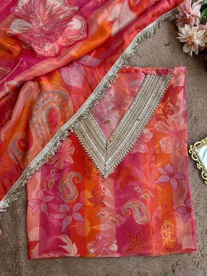 Sunset Blush Semi-Stitched Set with Stunning Lace Detailing