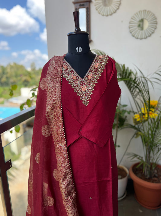 Maroon Dola Silk Suit with Handwork & Tissue Banarasi Dupatta