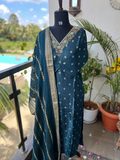 Royal Teal – Russian Silk Ready to Wear Salwar Suit with Handwork Neck & Elegant Dupatta