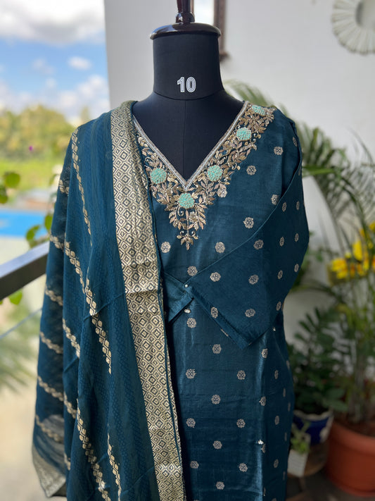 Royal Teal – Russian Silk Ready to Wear Salwar Suit with Handwork Neck & Elegant Dupatta