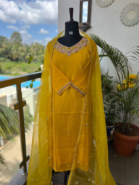 Mustard Yellow Chinnon Handwork Ready to wear Suit