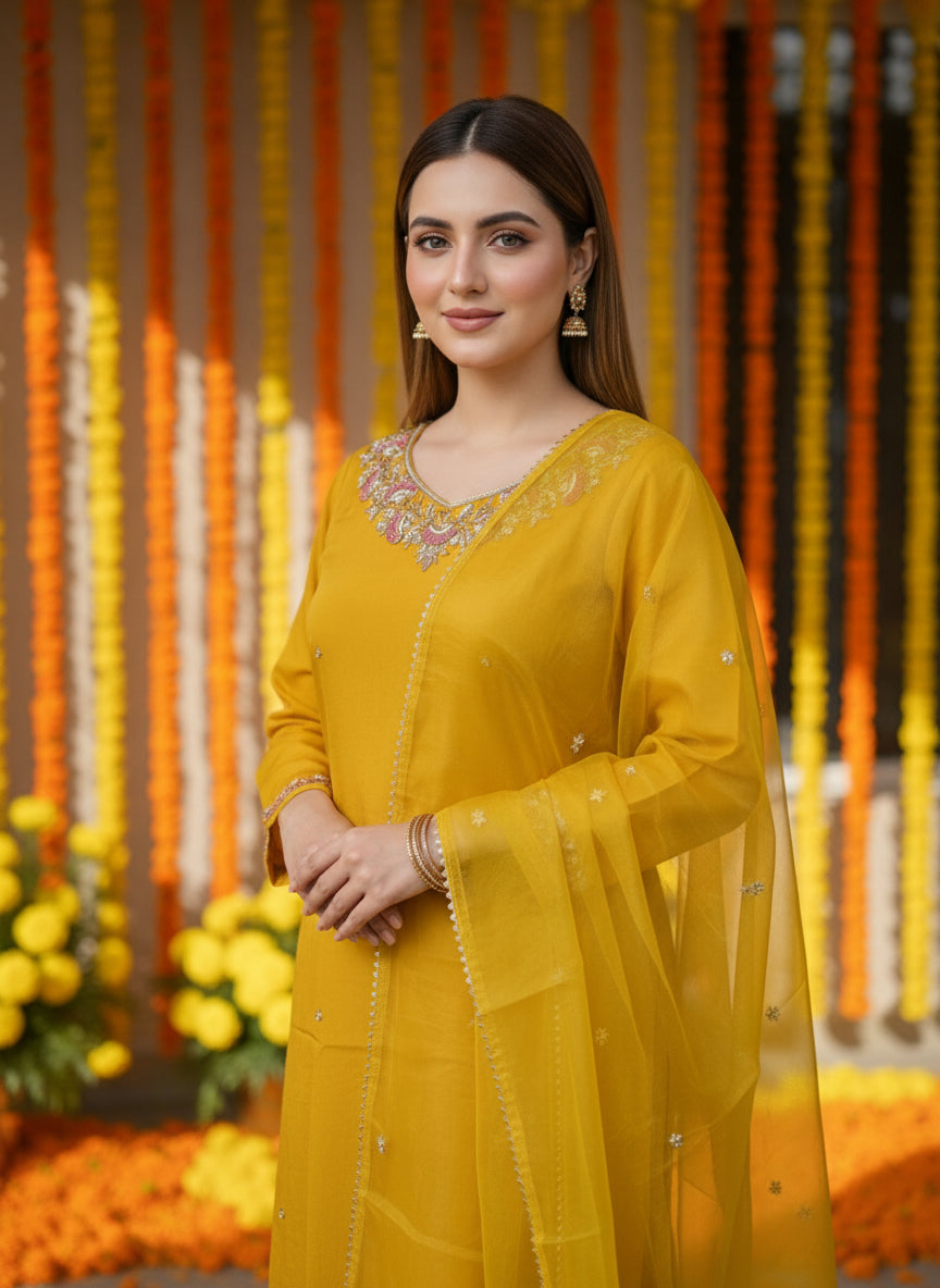 Mustard Yellow Chinnon Handwork Ready to wear Suit